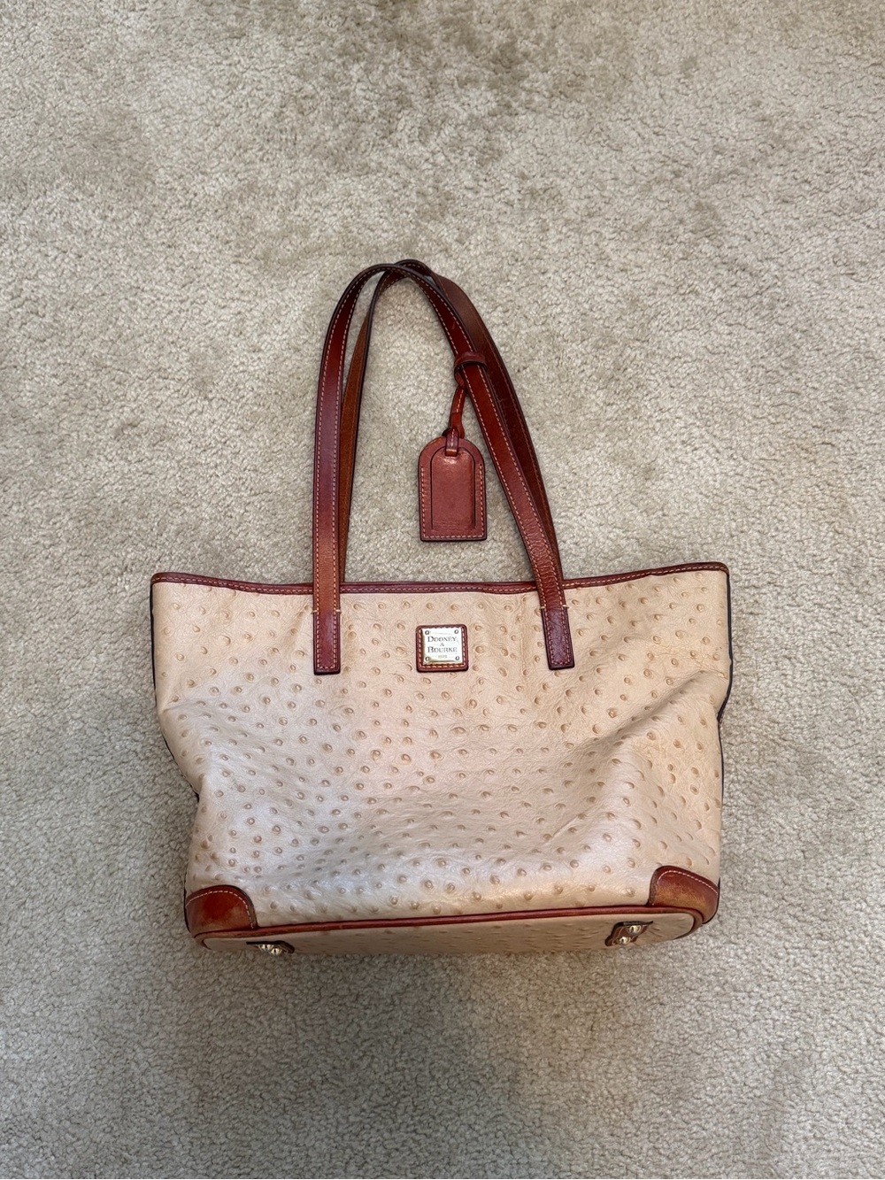 Dooney & Bourke Ostrich Embossed Leather Tote Bag in Cream and Brown